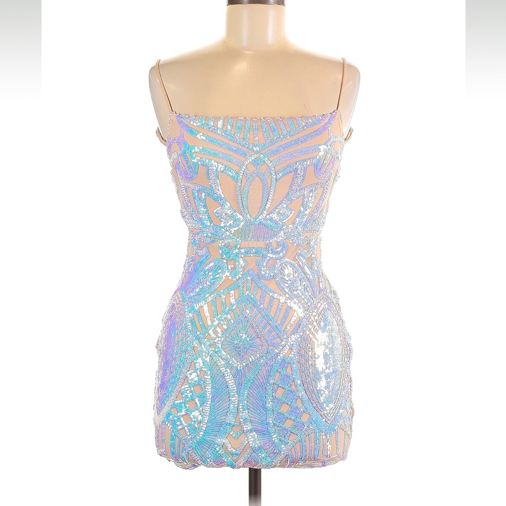 Sz M iridescent/nude sequin backless bodycon dress. Stunning!